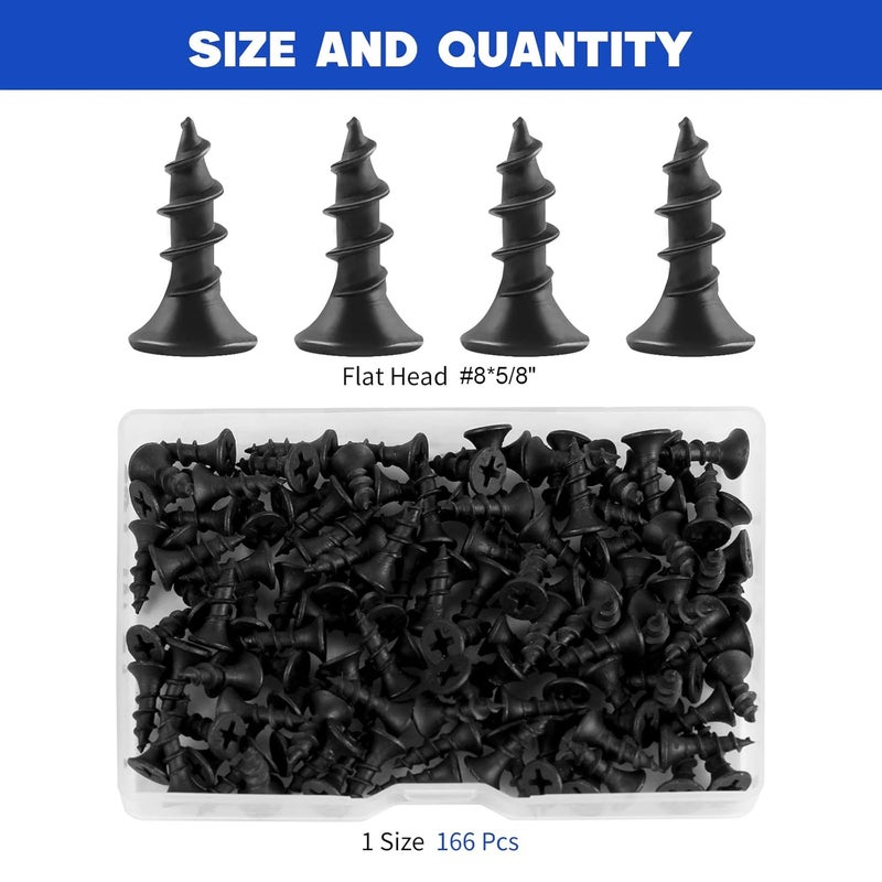 TBUKEOM Wood Screws 166 PCS, #8 x 5/8“ High Hardness Phillips Drive Screws, Coarse Thread, Black Flat Head Wood Screws, Carbon Steel, Self-Tapping Screws for Wood - Image 3